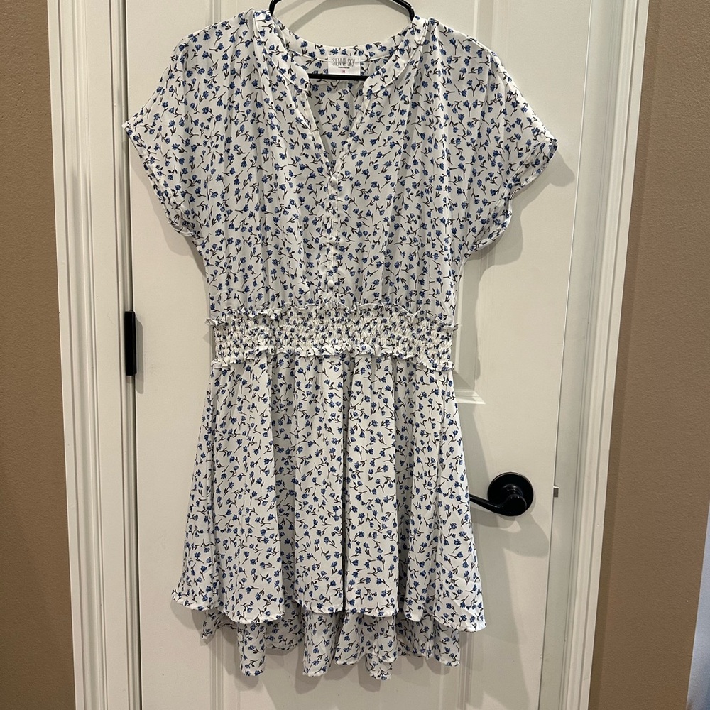 Sienna sky white with blue flowers with black stem flowy dress